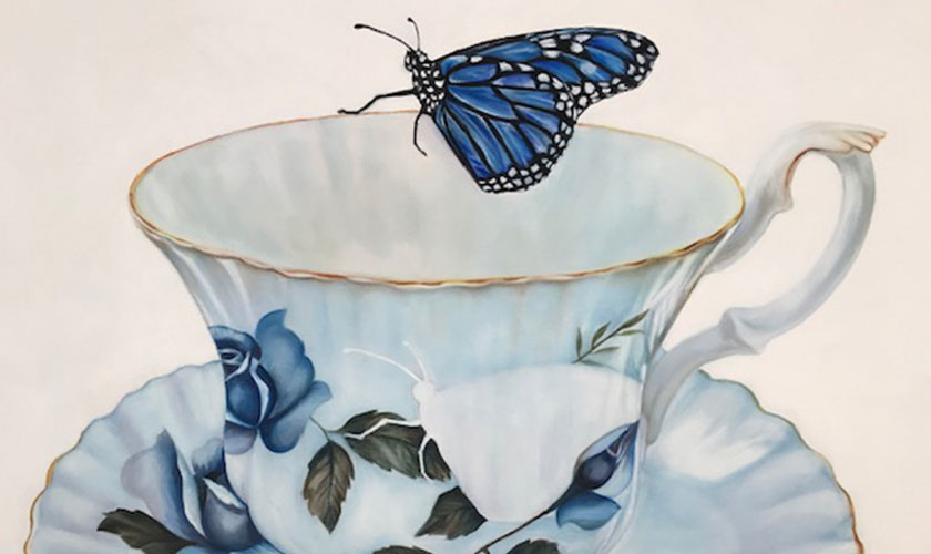 oil on canvas blue butterfly and teacup
