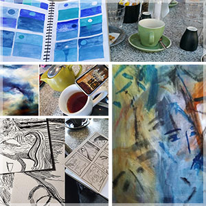 Art meeting collage showing sketches and coffee